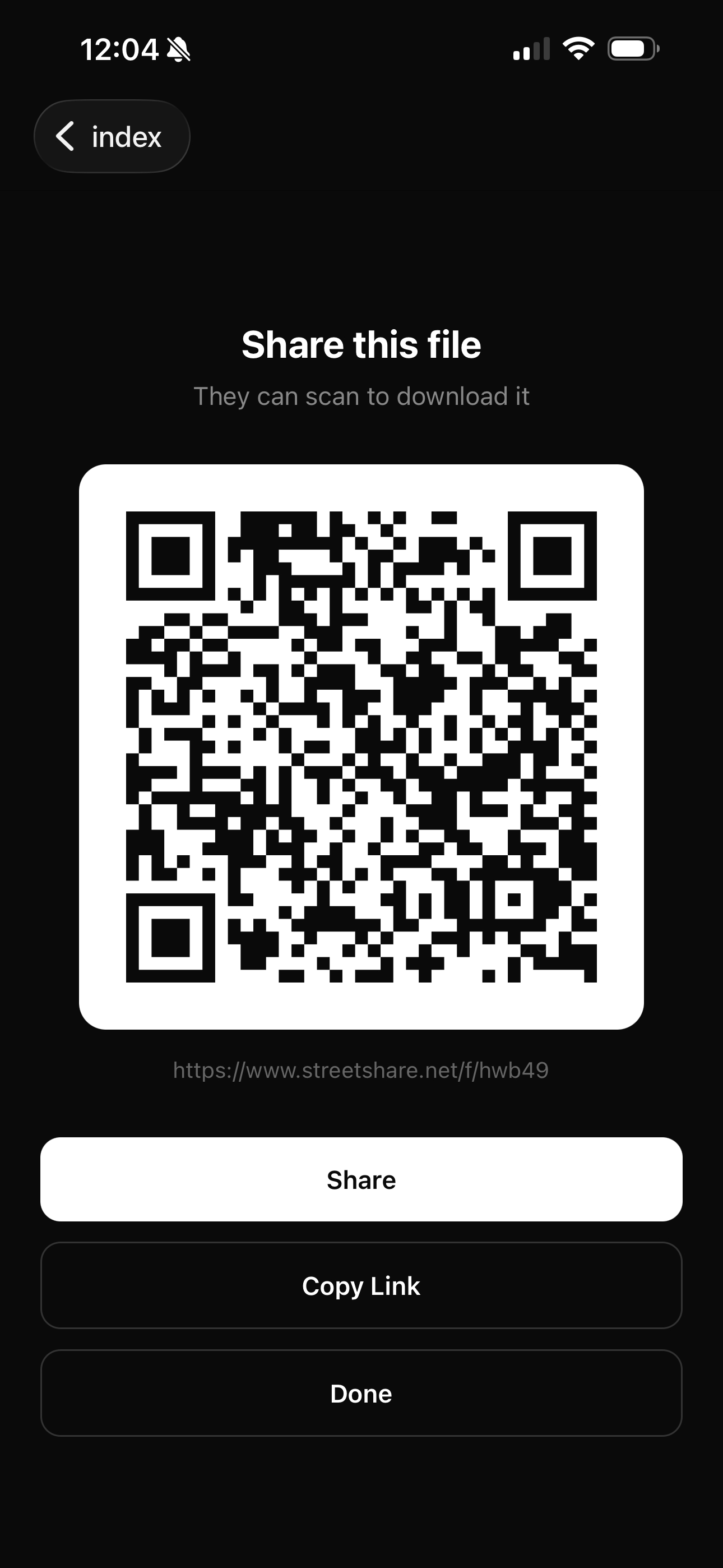 StreetShare app showing a generated QR code ready to share